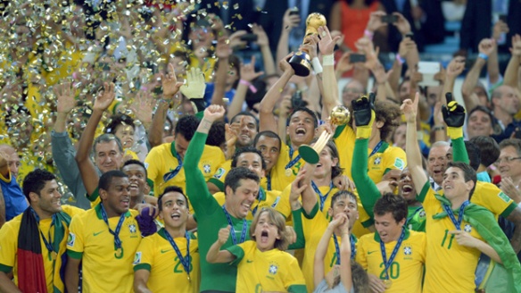 Brazilian players celebrate their victory over Spain at the FIFA Confederations Cup final at the Maracana Stadium in Rio de Janeiro on June 30, 2013. CREDIT: CBC